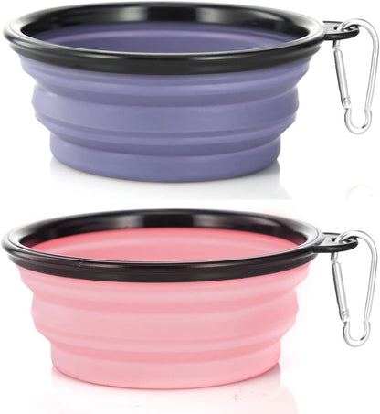 Dog Bowl Pet Collapsible Bowls, 2 Pack Collapsible Dog Water Bowls for Cats Dogs, Portable Pet Feeding Watering Dish for Walking Parking Traveling with 2 Carabiners (Small, Green+Purple)