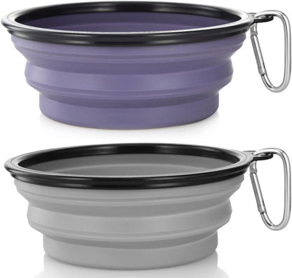 Dog Bowl Pet Collapsible Bowls, 2 Pack Collapsible Dog Water Bowls for Cats Dogs, Portable Pet Feeding Watering Dish for Walking Parking Traveling with 2 Carabiners (Small, Green+Purple)