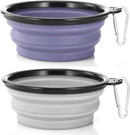 Dog Bowl Pet Collapsible Bowls, 2 Pack Collapsible Dog Water Bowls for Cats Dogs, Portable Pet Feeding Watering Dish for Walking Parking Traveling with 2 Carabiners (Small, Green+Purple)