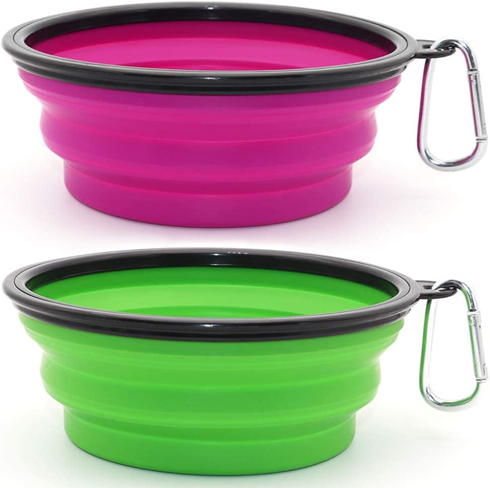 Dog Bowl Pet Collapsible Bowls, 2 Pack Collapsible Dog Water Bowls for Cats Dogs, Portable Pet Feeding Watering Dish for Walking Parking Traveling with 2 Carabiners (Small, Green+Purple)