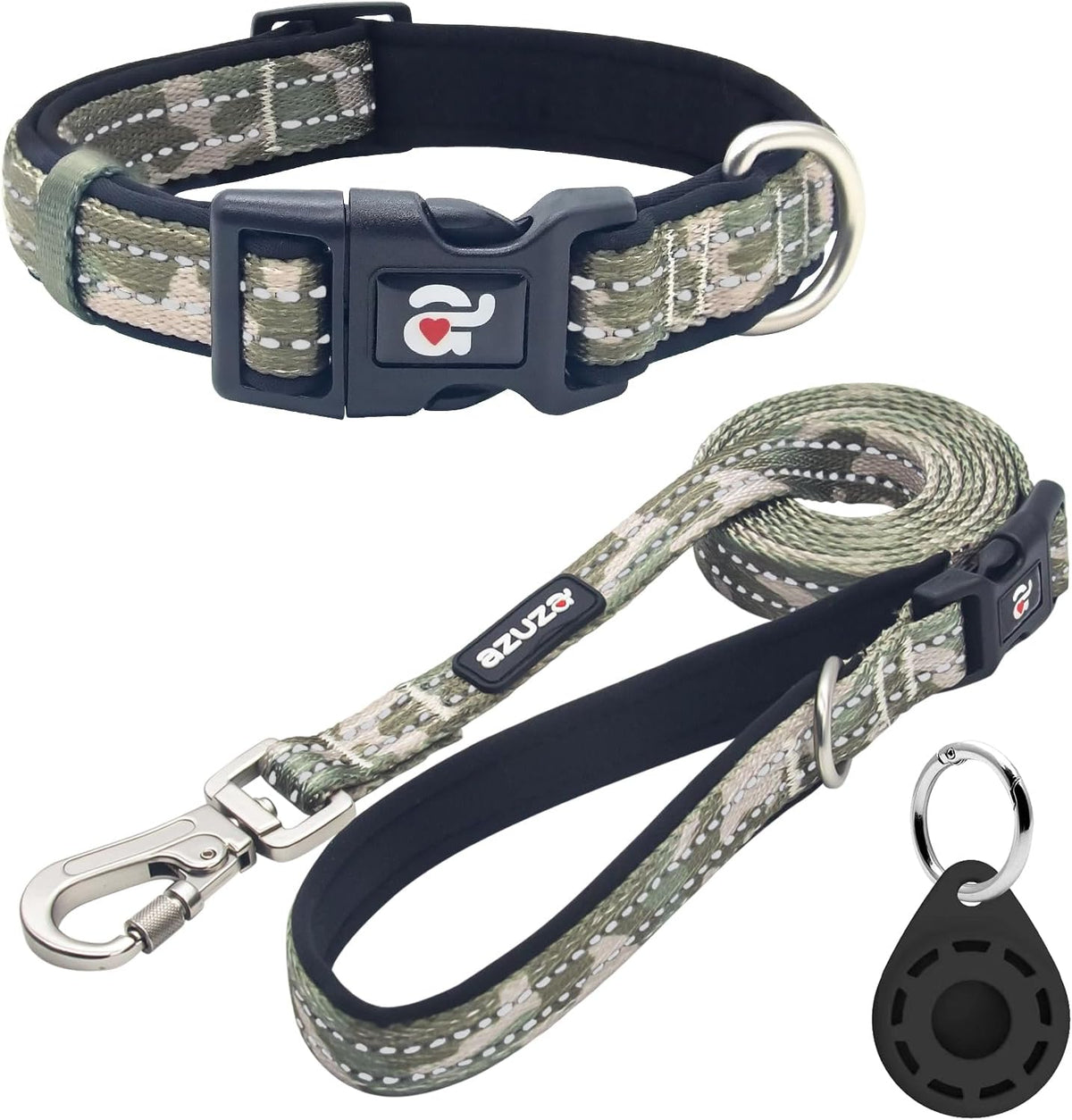 Reflective Dog Collar and Leash Set with Airtag Holder, Blue Camo Padded Collar with Matching Clip Handle Leash for Small Dogs
