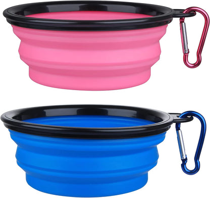 Dog Bowl Pet Collapsible Bowls, 2 Pack Collapsible Dog Water Bowls for Cats Dogs, Portable Pet Feeding Watering Dish for Walking Parking Traveling with 2 Carabiners (Small, Green+Purple)